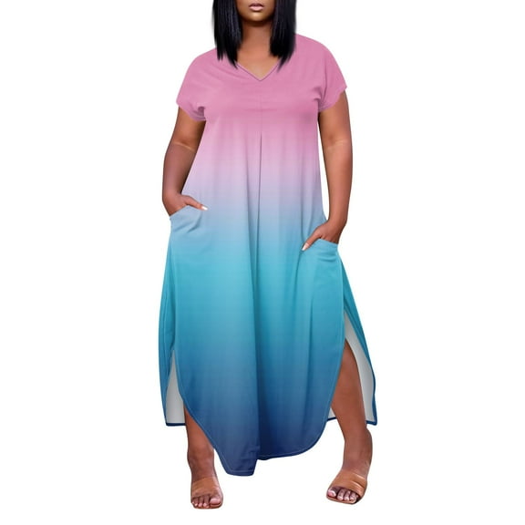 WTOBBY Plus Size Gradient Color Dress, Trendy Short Sleeve V-Neck High Slit Casual Summer Wear for Beach Events Pool Parties and Vacation Activities,Blue 3XL