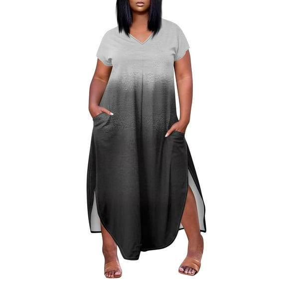 WTOBBY Plus Size Gradient Color Dress, Trendy Short Sleeve V-Neck High Slit Casual Summer Wear for Beach Events Pool Parties and Vacation Activities,Dark Gray L