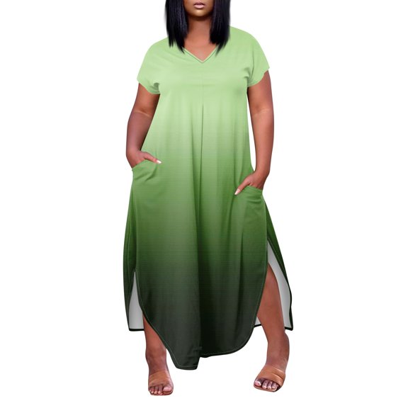 WTOBBY Plus Size Gradient Color Dress, Trendy Short Sleeve V-Neck High Slit Casual Summer Wear for Beach Events Pool Parties and Vacation Activities,Green 4XL