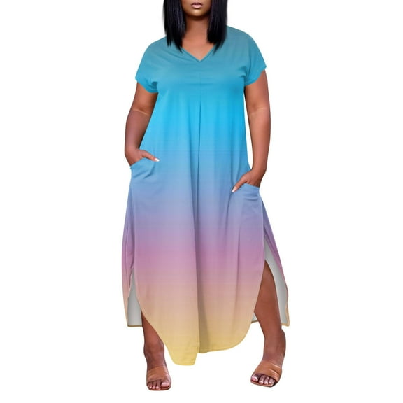 WTOBBY Plus Size Gradient Color Dress, Trendy Short Sleeve V-Neck High Slit Casual Summer Wear for Beach Events Pool Parties and Vacation Activities,Light Blue XL