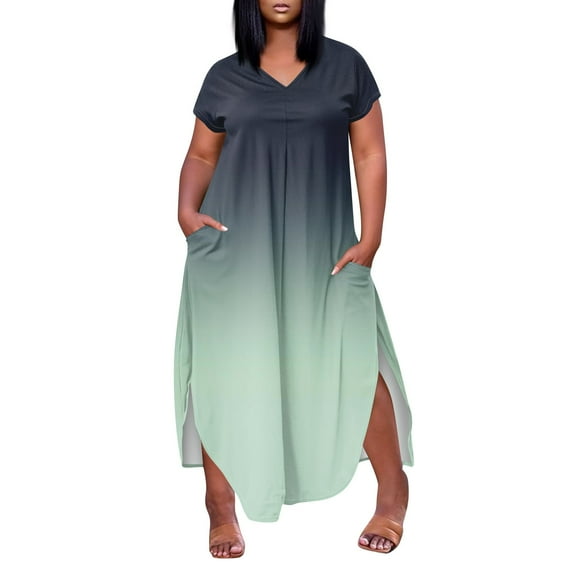 WTOBBY Plus Size Gradient Color Dress, Trendy Short Sleeve V-Neck High Slit Casual Summer Wear for Beach Events Pool Parties and Vacation Activities,Mint Green XL