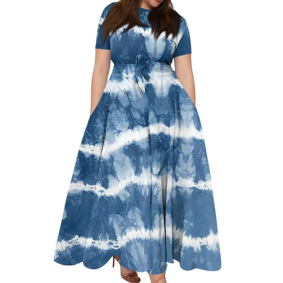 WTOBBY Plus Size Striped Floral Dress, Trendy Casual Short Sleeve Round Neck Pocket Tie-Waist Swing Hem for Vacation Wear Beach Cover Ups and Resort Style,Royal Blue 2XL