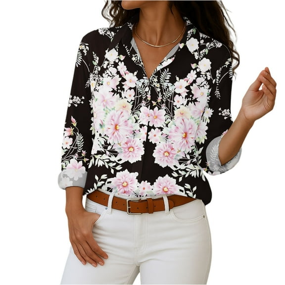 WTOBBY Plus Size Women's Floral Print Button Down Blouse, Long Sleeve Casual Shirt Collar Top, Comfort Fit with Soft Fabric for Daily Fashion Wear,Light pink M
