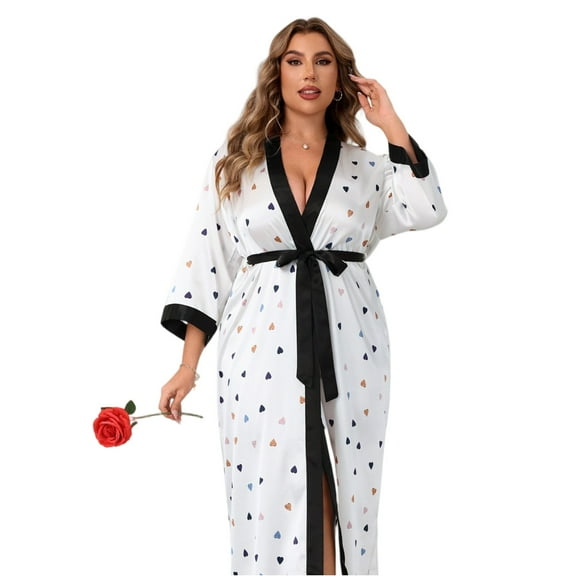 WTOBBY Plus Size Women's Kimono Robe 3X-6X Floral Print Lace Trim Lightweight Cover Up Sexy Loungewear Comfy Home Wear Nightwear Bathrobe,White 2XL