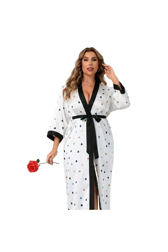 Plus Size Women's Kimono Robe 3X-6X Floral Print Lace Trim Lightweight Cover Up Sexy Loungewear Comfy Home Wear Nightwear Bathrobe,White 5XL