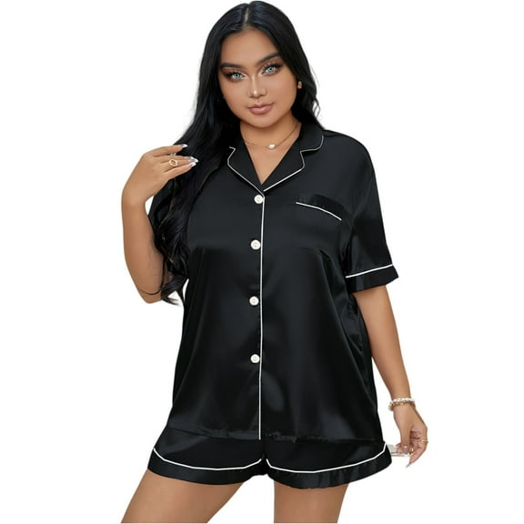 WTOBBY Plus Size Women's Pajama Set 3X-6X Loose Fit Cotton Top & Pants Comfy Sleepwear Home Loungewear Cozy Lounge Outfit Soft Nightwear,Black 2XL