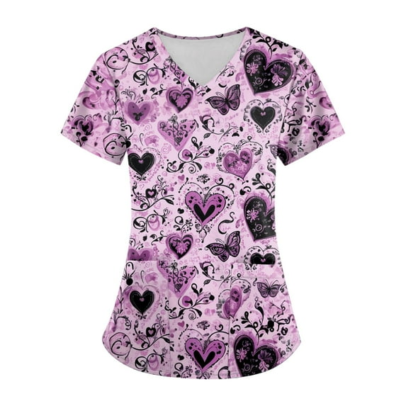 WTOBBY Plus Size Women's Printed Short Sleeve V-Neck Scrubs Set with Pockets, Animal Floral Print, 2-Piece Nursing Uniform, Medical Workwear for Healthcare Professionals,Purple S