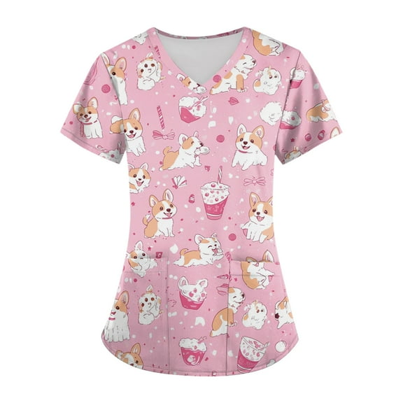 WTOBBY Plus Size Women's Printed Short Sleeve V-Neck Scrubs Set with Pockets, Animal Floral Print, 2-Piece Nursing Uniform, Medical Workwear for Healthcare Professionals,Pink S