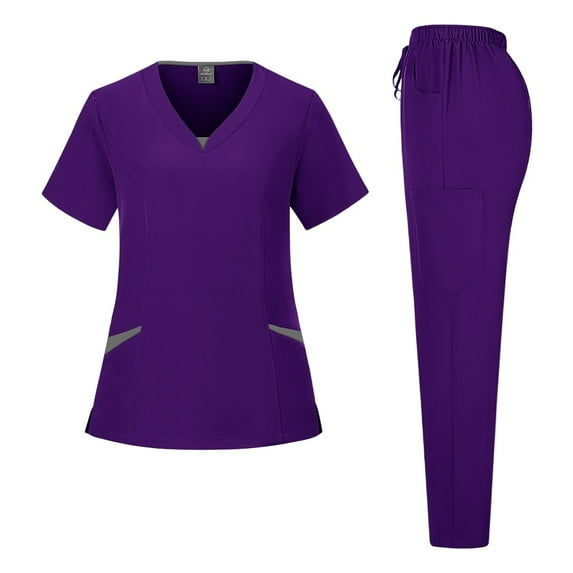 WTOBBY Plus Size Women's Quick-Dry Short Sleeve V-Neck Scrubs Set with Pockets, Solid Color Nursing Uniform, 2-Piece Medical Workwear for Healthcare Professionals,Dark Purple S