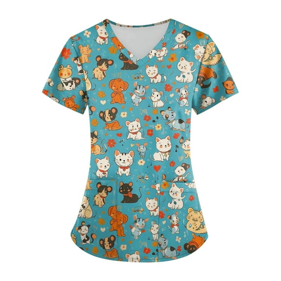 WTOBBY Plus Size Women's Short Sleeve Printed Scrubs Set with Pockets, V-Neck Design, Animal Floral Theme, 2-Piece Nursing Uniform, Medical Workwear for Caregivers,Mint Green 3XL