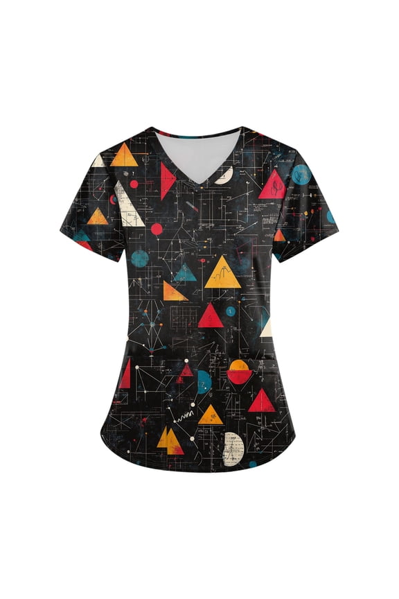 Plus Size Women's Short Sleeve Printed Scrubs Set with Pockets, V-Neck Design, Animal Floral Theme, 2-Piece Nursing Uniform, Medical Workwear for Caregivers,Black L