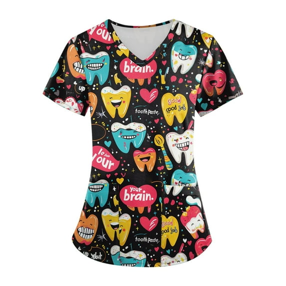 WTOBBY Plus Size Women's Short Sleeve Printed Scrubs Set with Pockets, V-Neck Design, Animal Floral Theme, 2-Piece Nursing Uniform, Medical Workwear for Caregivers,Saffron L