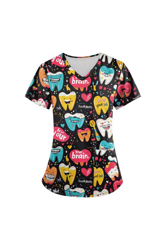 Plus Size Women's Short Sleeve Printed Scrubs Set with Pockets, V-Neck Design, Animal Floral Theme, 2-Piece Nursing Uniform, Medical Workwear for Caregivers,Saffron S