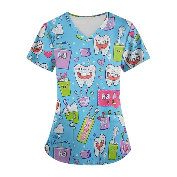 WTOBBY Plus Size Women's Short Sleeve Printed Scrubs Set with Pockets, V-Neck Design, Animal Floral Theme, 2-Piece Nursing Uniform, Medical Workwear for Caregivers,Sky Blue S