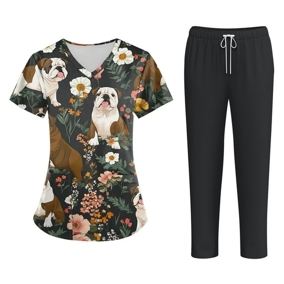 WTOBBY Plus Size Women's Short Sleeve Printed Scrubs Set, V-Neck with Pockets, Animal Floral Design, 2-Piece Nursing Uniform, Medical Workwear for Healthcare Workers,Brown XL