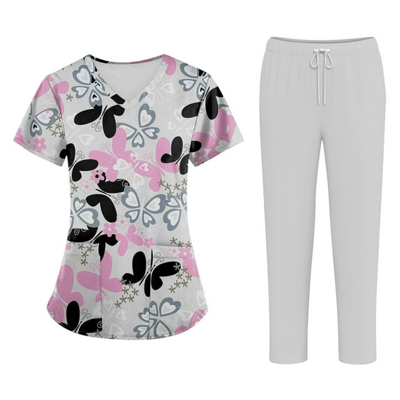 WTOBBY Plus Size Women's Short Sleeve Printed Scrubs Set, V-Neck with Pockets, Animal Floral Design, 2-Piece Nursing Uniform, Medical Workwear for Healthcare Workers,Light Purple L
