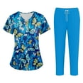 thumbnail image 1 of WTOBBY Plus Size Women's Short Sleeve Printed Scrubs Set, V-Neck with Pockets, Animal Floral Design, 2-Piece Nursing Uniform, Medical Workwear for Healthcare Workers,Blue L, 1 of 6