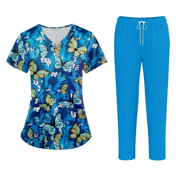 WTOBBY Plus Size Women's Short Sleeve Printed Scrubs Set, V-Neck with Pockets, Animal Floral Design, 2-Piece Nursing Uniform, Medical Workwear for Healthcare Workers,Blue L