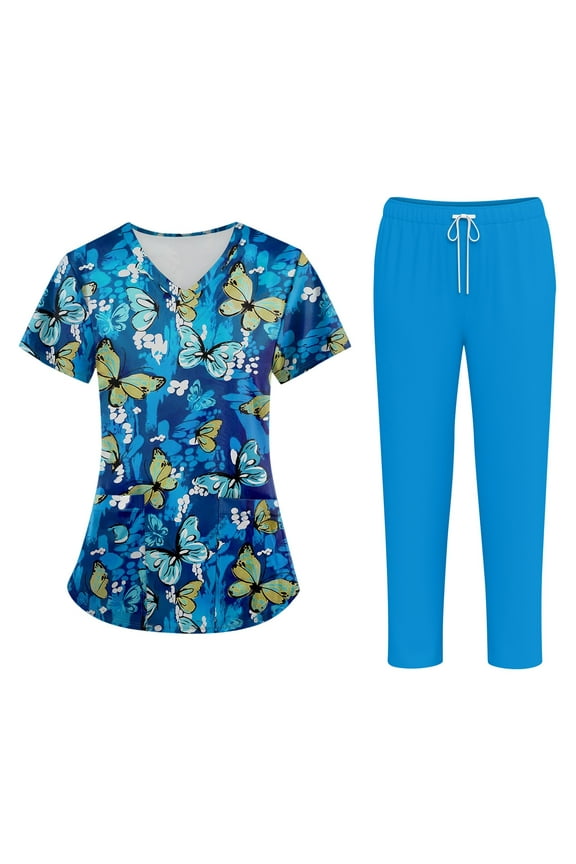 Plus Size Women's Short Sleeve Printed Scrubs Set, V-Neck with Pockets, Animal Floral Design, 2-Piece Nursing Uniform, Medical Workwear for Healthcare Workers,Blue L