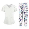 thumbnail image 1 of WTOBBY Plus Size Women's Short Sleeve Printed Scrubs Set, V-Neck with Pockets, Animal Floral Theme, 2-Piece Nursing Uniform, Medical Workwear for Healthcare Professionals,White L, 1 of 6