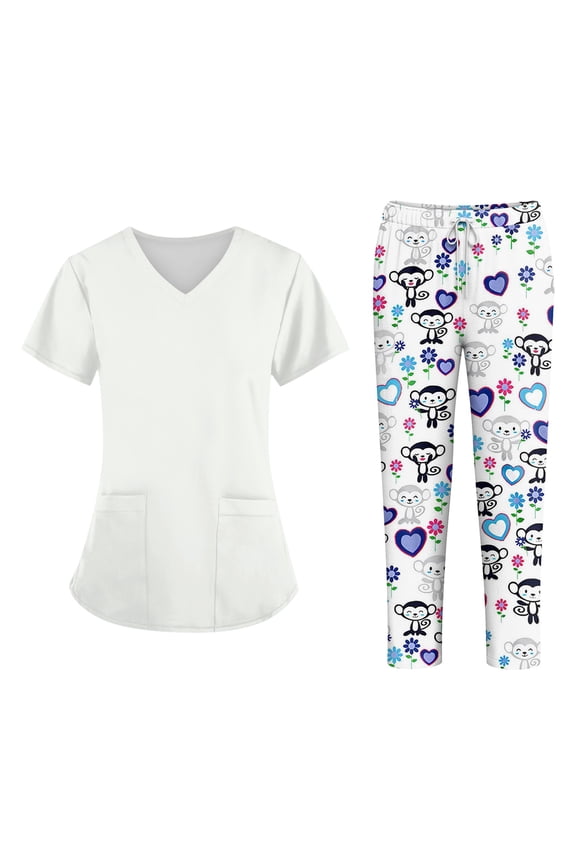 Plus Size Women's Short Sleeve Printed Scrubs Set, V-Neck with Pockets, Animal Floral Theme, 2-Piece Nursing Uniform, Medical Workwear for Healthcare Professionals,White S