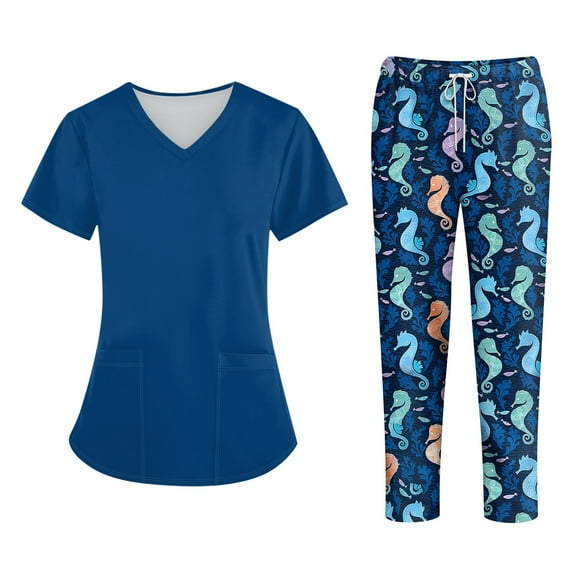 WTOBBY Plus Size Women's Short Sleeve Printed Scrubs Set, V-Neck with Pockets, Animal Floral Theme, 2-Piece Nursing Uniform, Medical Workwear for Healthcare Professionals,Navy S
