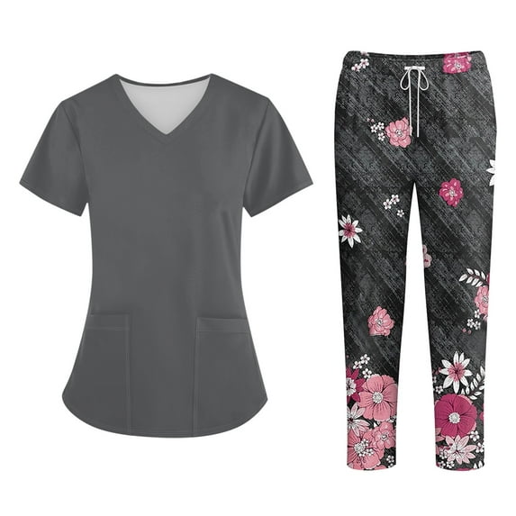 WTOBBY Plus Size Women's Short Sleeve Printed Scrubs Set, V-Neck with Pockets, Animal Floral Theme, 2-Piece Nursing Uniform, Medical Workwear for Healthcare Professionals,Gray M