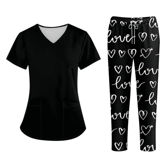 WTOBBY Plus Size Women's Short Sleeve Printed Scrubs Set, V-Neck with Pockets, Animal Floral Theme, 2-Piece Nursing Uniform, Medical Workwear for Healthcare Professionals,Black L