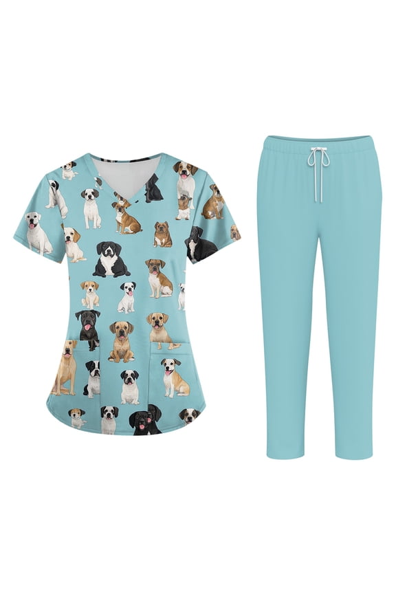 Plus Size Women's Short Sleeve Printed Scrubs Set, V-Neck with Pockets, Fun Animal Floral Design, 2-Piece Nursing Uniform, Medical Workwear for Healthcare Professionals,Cyan 2XL