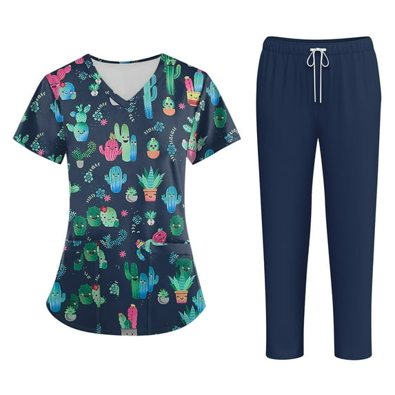 WTOBBY Plus Size Women's Short Sleeve Printed Scrubs Set, V-Neck with Pockets, Fun Animal Floral Design, 2-Piece Nursing Uniform, Medical Workwear for Healthcare Professionals,Navy 2XL