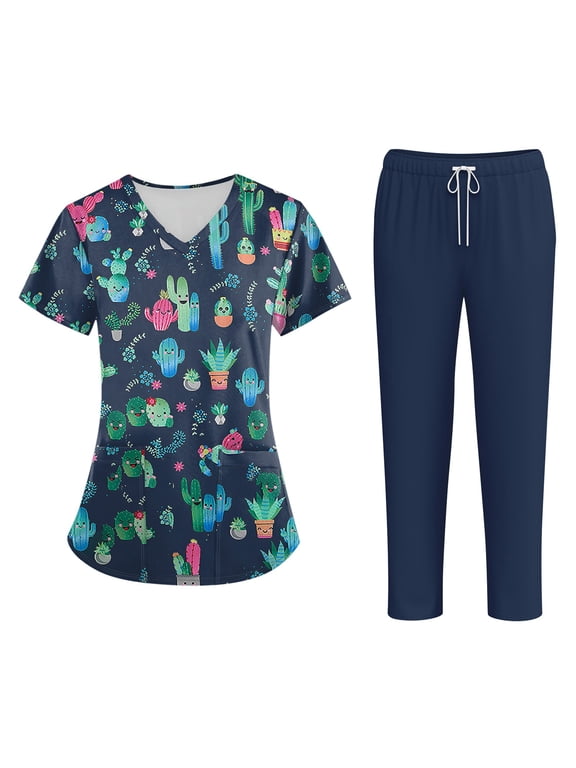 Plus Size Women's Short Sleeve Printed Scrubs Set, V-Neck with Pockets, Fun Animal Floral Design, 2-Piece Nursing Uniform, Medical Workwear for Healthcare Professionals,Navy L