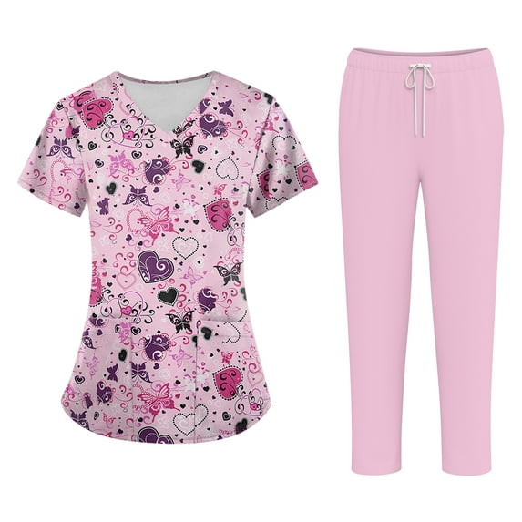 WTOBBY Plus Size Women's Short Sleeve Printed Scrubs Set, V-Neck with Pockets, Fun Animal Floral Design, 2-Piece Nursing Uniform, Medical Workwear for Healthcare Professionals,Light Purple L
