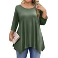 thumbnail image 1 of WTOBBY Plus Size Women's Solid Color Round Neck 3/4 Sleeve Tunic Top Basic Loose Fit Tee for Full Figure Comfort Everyday Fall Fashion,Army Green L, 1 of 5