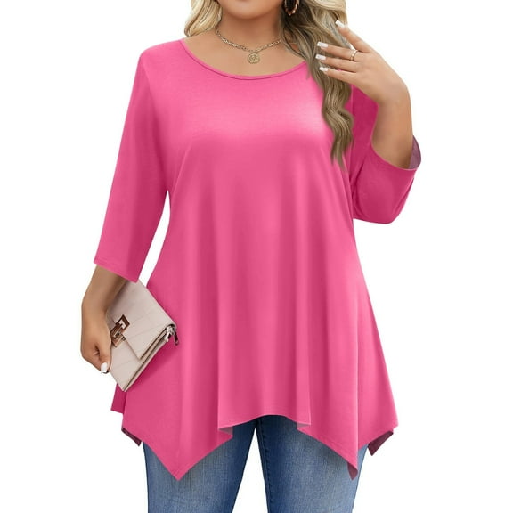 WTOBBY Plus Size Women's Solid Color Round Neck 3/4 Sleeve Tunic Top Basic Loose Fit Tee for Full Figure Comfort Everyday Fall Fashion,Hot Pink L