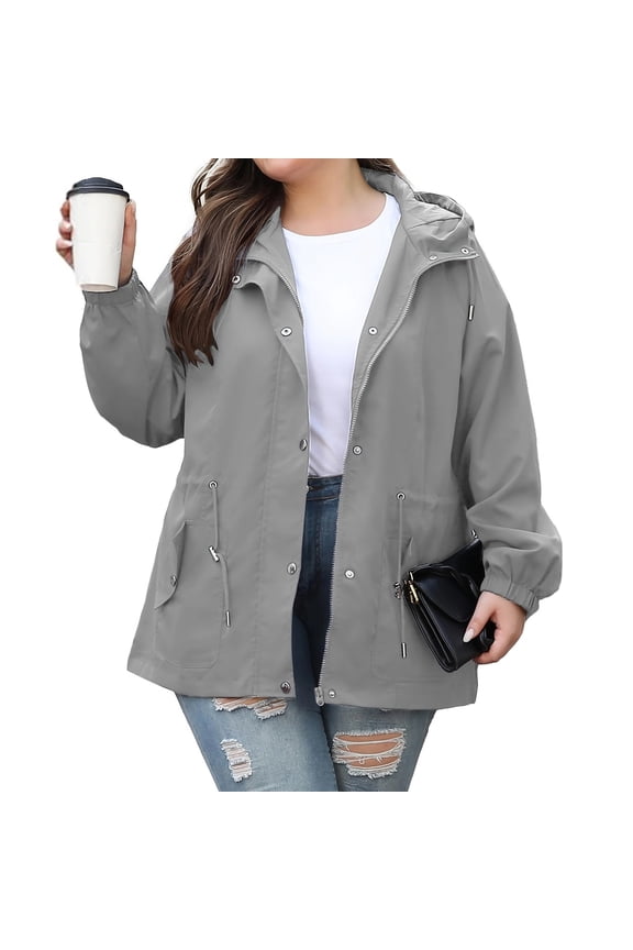 Plus Size Women's Thin Waterproof Running Jacket Hooded Long Sleeve Lightweight Windbreaker Outdoor Sports Coat Fleece Lined Quick Dry for Hiking Travel,Gray L
