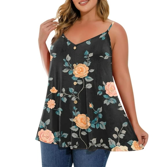 WTOBBY Plus Size Women's V-Neck Sleeveless Camisole Top with Adjustable Shoulder Straps, Casual Floral Print Vest, Perfect for Layering or Solo Wear, Fashionable and Flattering,Pink XL
