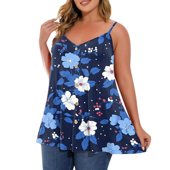 WTOBBY Plus Size Women's V-Neck Sleeveless Camisole Top with Adjustable Shoulder Straps, Casual Floral Print Vest, Perfect for Layering or Solo Wear, Fashionable and Flattering,Blue L
