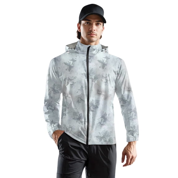 WTOBBY Quick-Dry Lightweight Camouflage Print Hooded Sports Jacket, Windproof Rainproof Sun Protective UPF 50+ for Unisex Children and Adults, Ideal for Summer Training Running,Light Gray 3XL