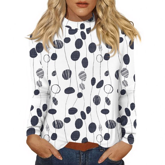 WTOBBY Retro Print Women's Mid Collar Long Sleeve Casual Top, Daily Wear Blouse with Comfort Fit, Lightweight Fabric for Spring Fall Fashion Style,White 3XL