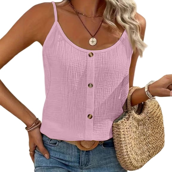 WTOBBY Round Neck Solid Color Button Decorated Vest Casual T-Shirt Top for Women, Stylish and Simple Design, Comfortable Sleeveless Blouse for Everyday Use,Pink 2XL
