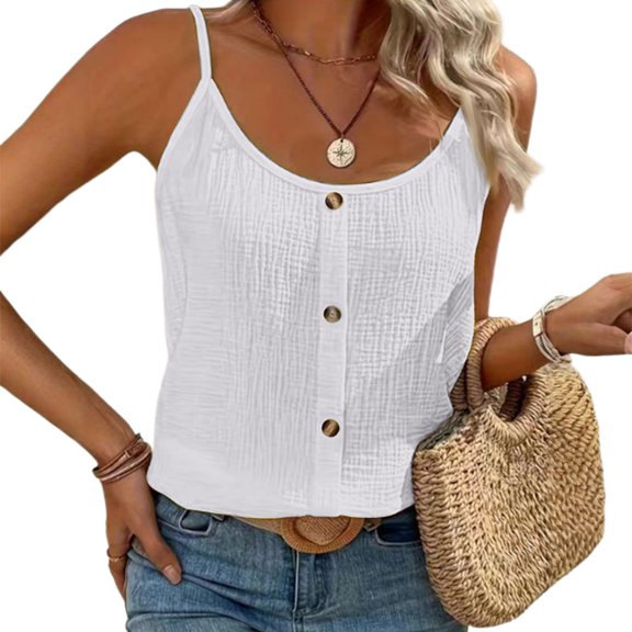 WTOBBY Round Neck Solid Color Button Decorated Vest Casual T-Shirt Top for Women, Stylish and Simple Design, Comfortable Sleeveless Blouse for Everyday Use,White XL
