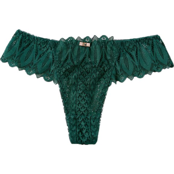 WTOBBY Sheer Lace Low-Rise Women's Underwear, Sexy Hollow-Out Thong Design, Breathable Mesh Panties, Delicate Floral Embroidery Details, Cheeky String Bikini ,Dark Green XL