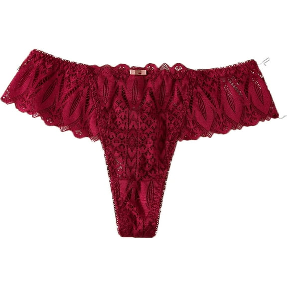 WTOBBY Sheer Lace Low-Rise Women's Underwear, Sexy Hollow-Out Thong Design, Breathable Mesh Panties, Delicate Floral Embroidery Details, Cheeky String Bikini ,Wine L