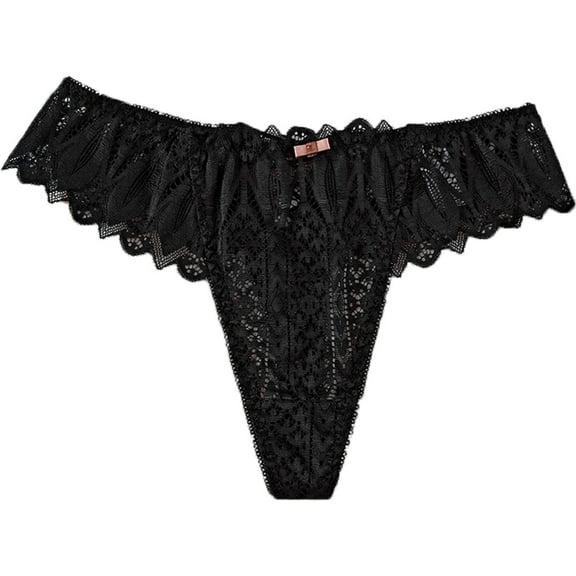 WTOBBY Sheer Lace Low-Rise Women's Underwear, Sexy Hollow-Out Thong Design, Breathable Mesh Panties, Delicate Floral Embroidery Details, Cheeky String Bikini ,Black M