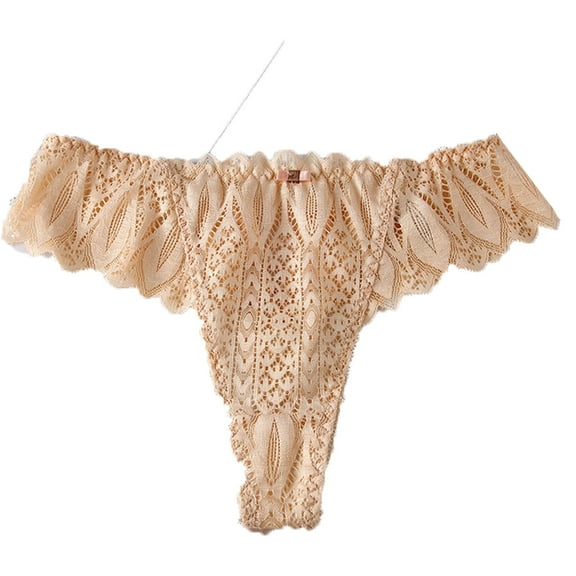 WTOBBY Sheer Lace Low-Rise Women's Underwear, Sexy Hollow-Out Thong Design, Breathable Mesh Panties, Delicate Floral Embroidery Details, Cheeky String Bikini ,Complexion M