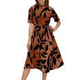 thumbnail image 1 of WTOBBY Short-Sleeve Round Neck Ruffled Printed Long Skirt with Waist Tying, Flowy and Feminine for Spring Summer Casual Events,Light Brown L, 1 of 4