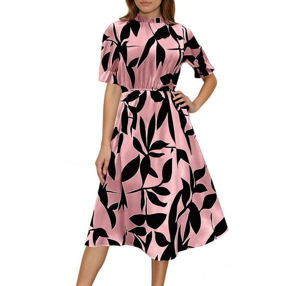 WTOBBY Short-Sleeve Round Neck Ruffled Printed Long Skirt with Waist Tying, Flowy and Feminine for Spring Summer Casual Events,Pink XL