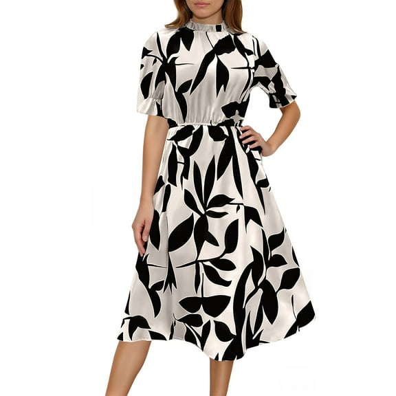 WTOBBY Short-Sleeve Round Neck Ruffled Printed Long Skirt with Waist Tying, Flowy and Feminine for Spring Summer Casual Events,White L