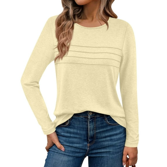 WTOBBY Stylish Women's Long Sleeve Pleated Top Casual Solid Color Round Neck Blouse Fashion Basic Design Comfortable Fit for Everyday Use Easy Care Fabric for Women,Beige L