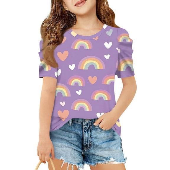 WTOBBY Summer Children's Round Neck Cute Printed Casual T-Shirt Top for Girls - Short Sleeve Design, Ideal for School and Summer Fun,Light Purple 110